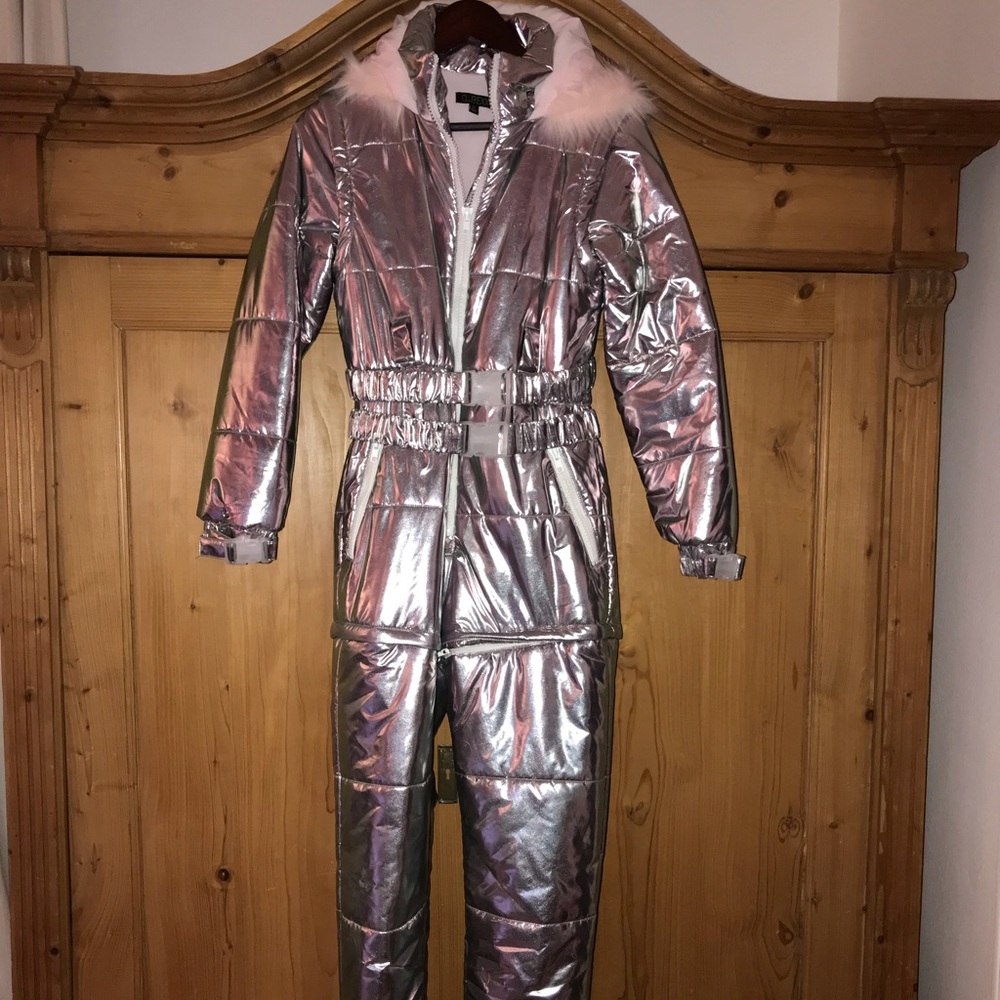Dolls Kill Silver Ski & Snow Jacket with Pink Fur Trim